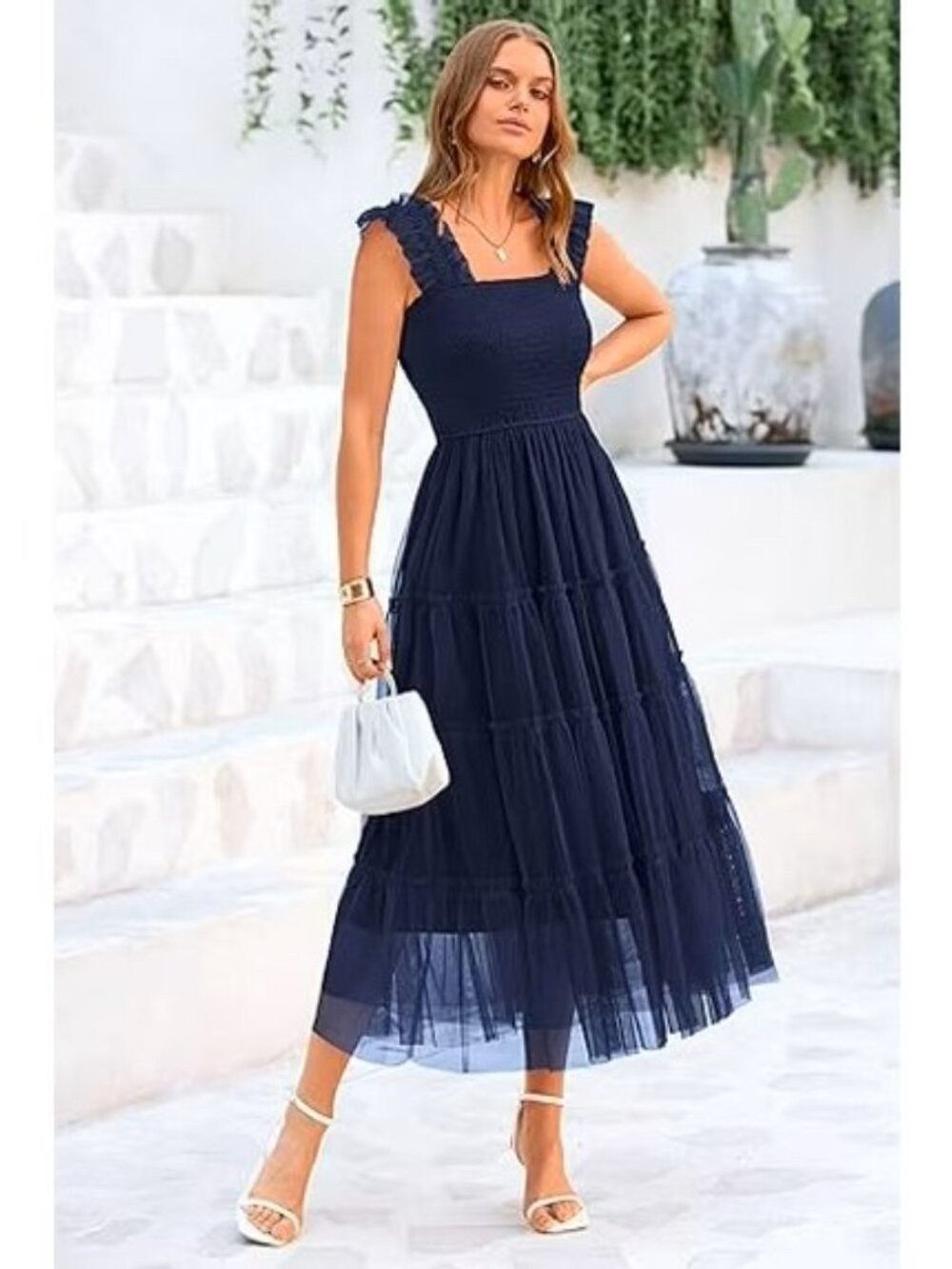 New Pretty Garden Cobalt Blue Smocked Tulle Dress with Pockets - Picture 3 of 11